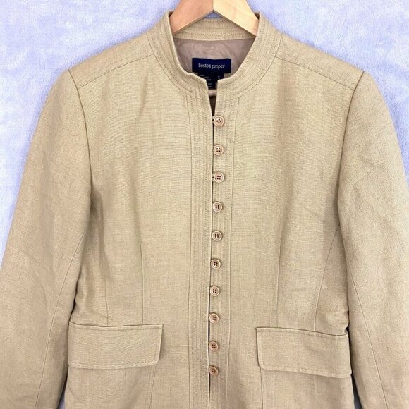 Boston Proper Linen Blend Button Up Shirt Tunic Women's Size 6 Tan Jacket Kimono - Picture 1 of 16